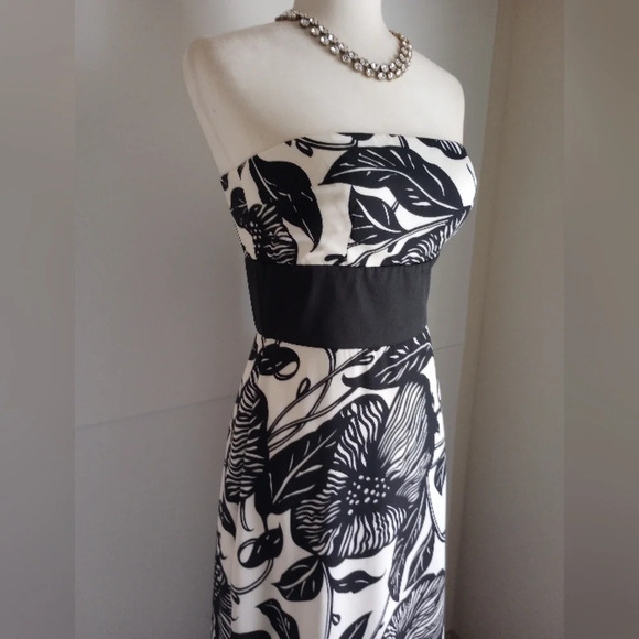 WHBM Black White Tropical Floral Bold Print Long Gown A-Line Strapless Gown Sz 2 - Picture 5 of 16